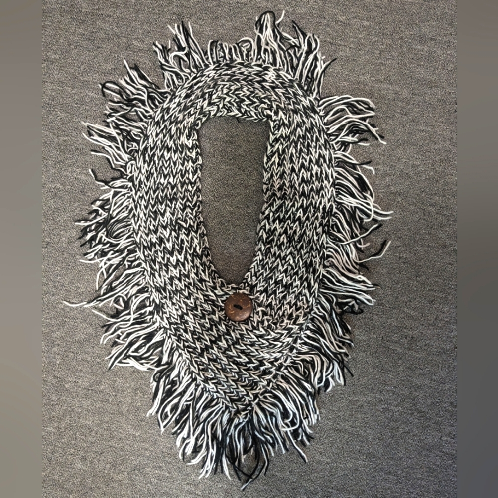 Black and White Fringe Knit Scarf Wrap with Button Detail